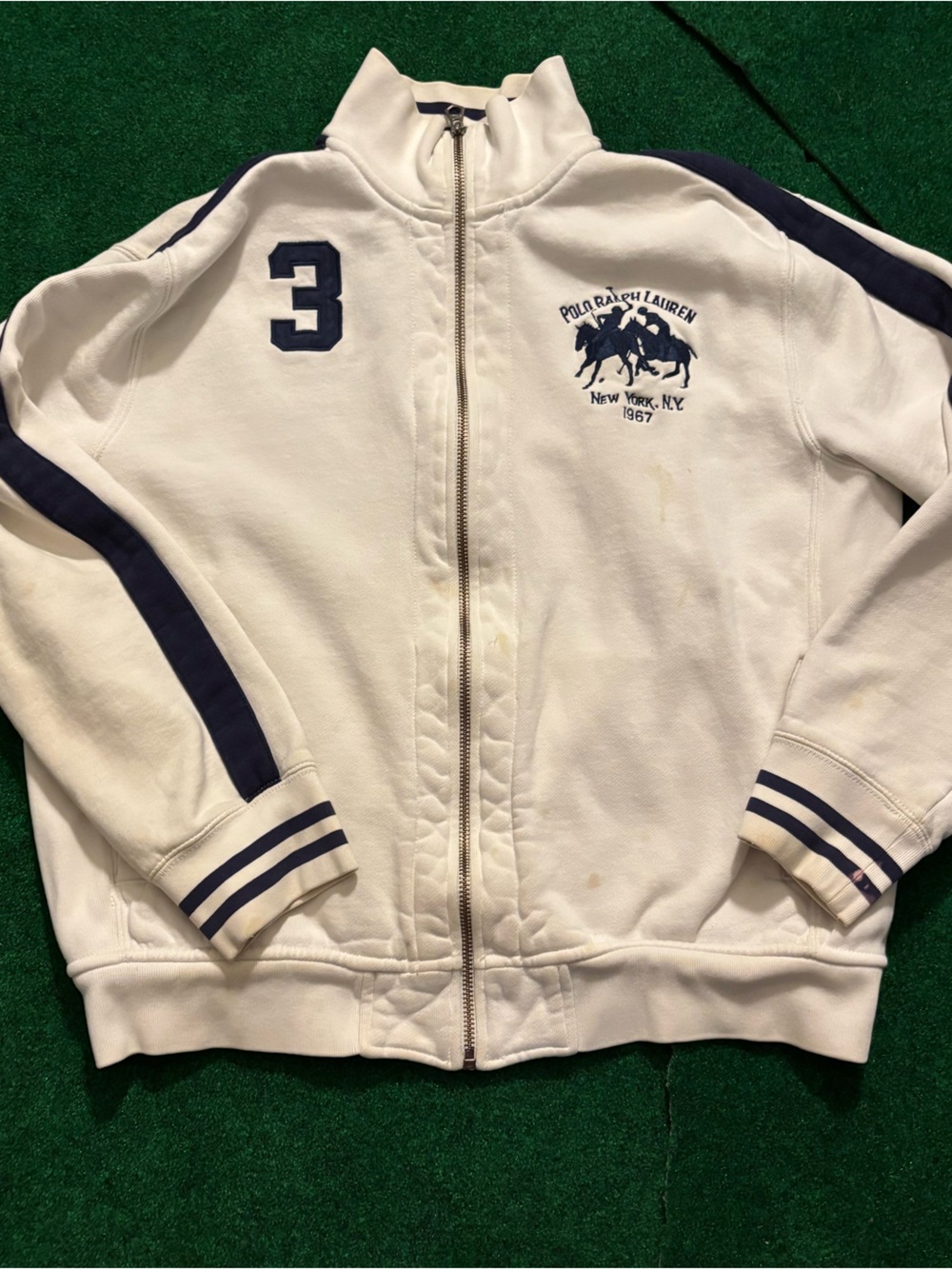 Vintage Ralph Lauren White Zip-Up Sweater with Navy Accents